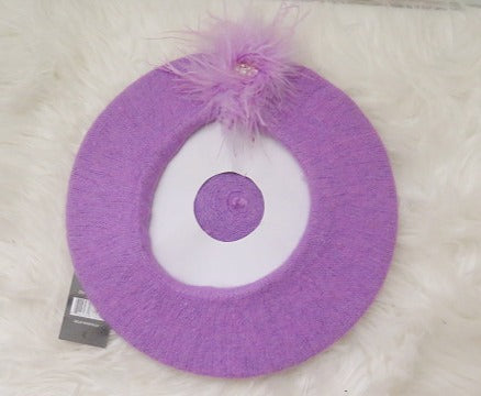 Purple feather rhinestone fur French beret for women