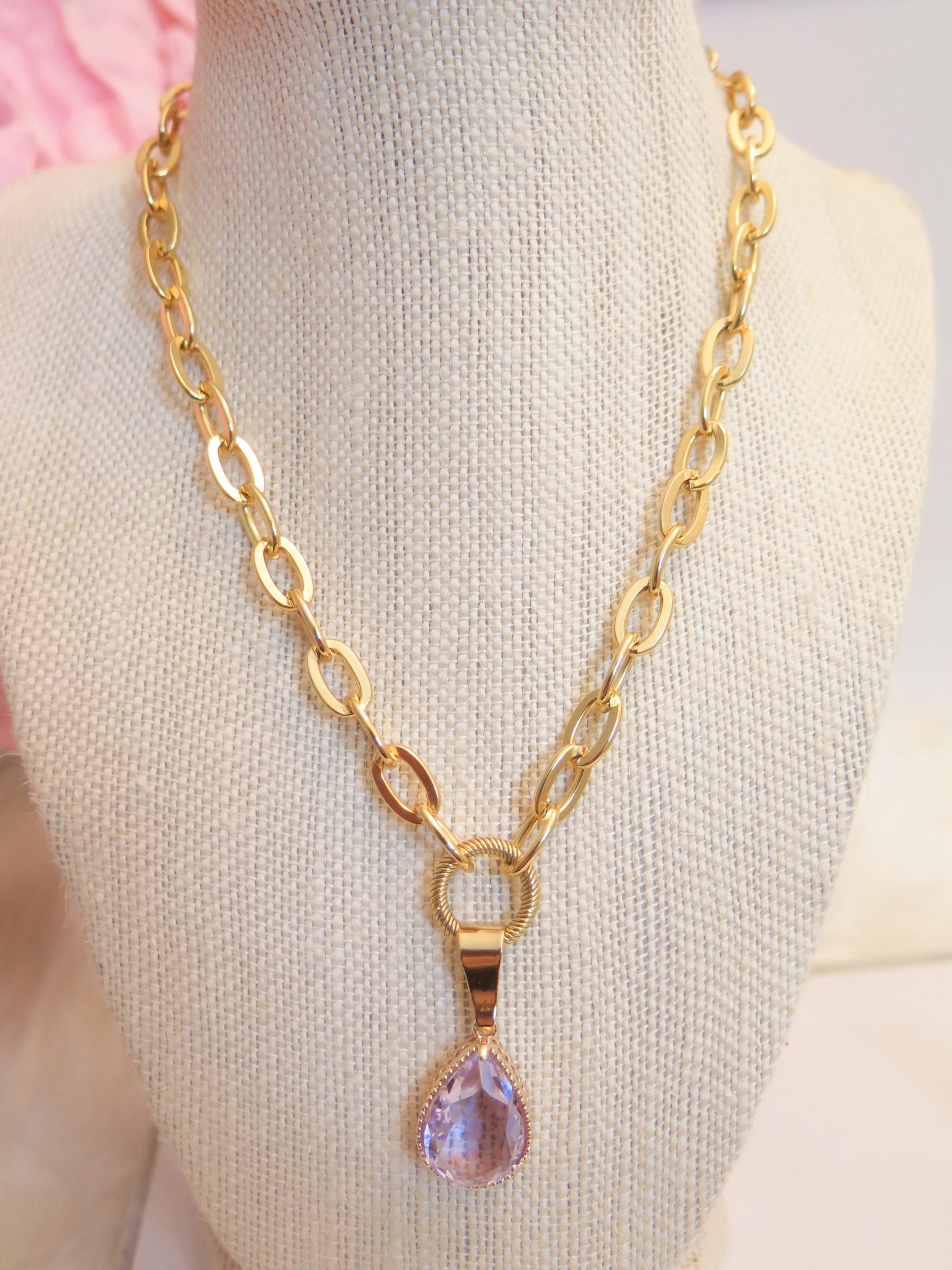 Gold Necklace purple pendant