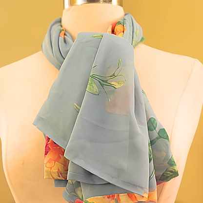 Women's Floral Chiffon Infinity Scarf & Headband Set | Blue Botanical Print | One Size Fits All Accessory Gift Set