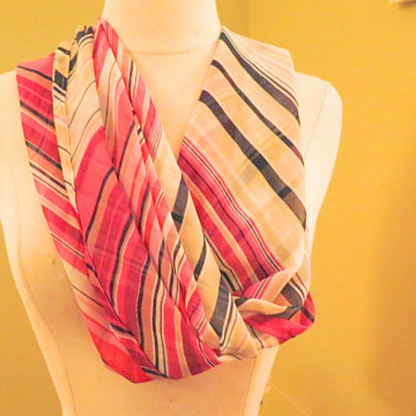 Women's Red Striped Chiffon Scarf & Headband Set | Diagonal Stripe Print | One Size Fits All Fashion Accessory Set