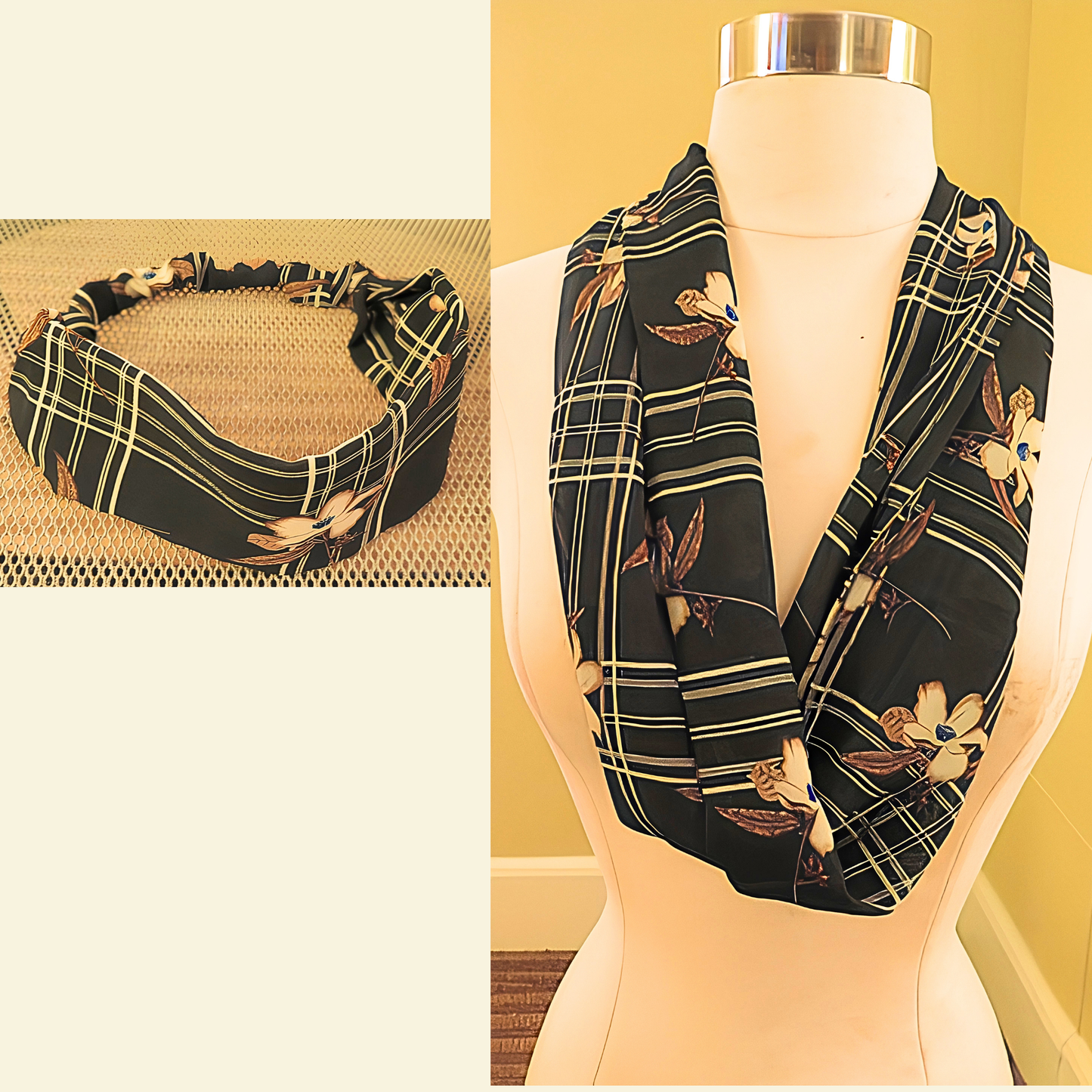 Women's Black Plaid Floral Chiffon Scarf & Headband Set | Elegant Magnolia Print | One Size Fits All Accessory Set