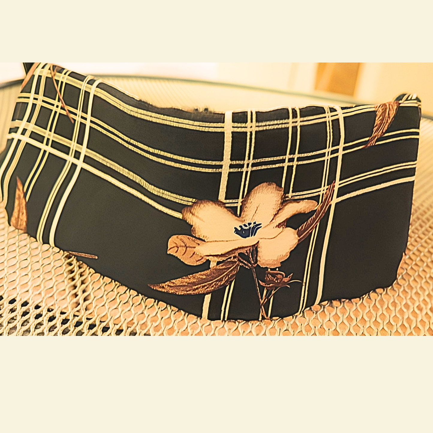Women's Black Plaid Floral Chiffon Scarf & Headband Set | Elegant Magnolia Print | One Size Fits All Accessory Set