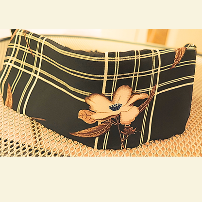 Women's Black Plaid Floral Chiffon Scarf & Headband Set | Elegant Magnolia Print | One Size Fits All Accessory Set