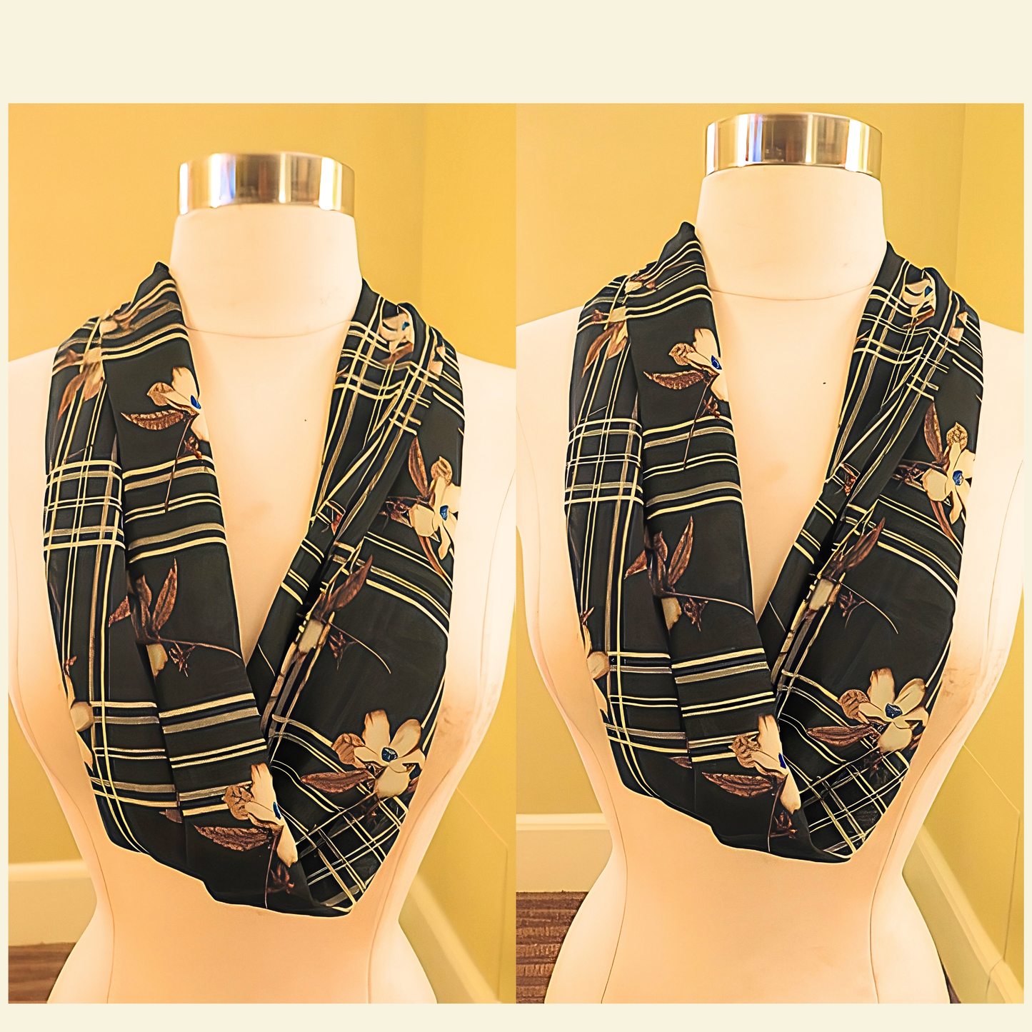 Women's Black Plaid Floral Chiffon Scarf & Headband Set | Elegant Magnolia Print | One Size Fits All Accessory Set