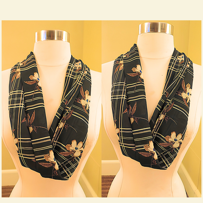Women's Black Plaid Floral Chiffon Scarf & Headband Set | Elegant Magnolia Print | One Size Fits All Accessory Set