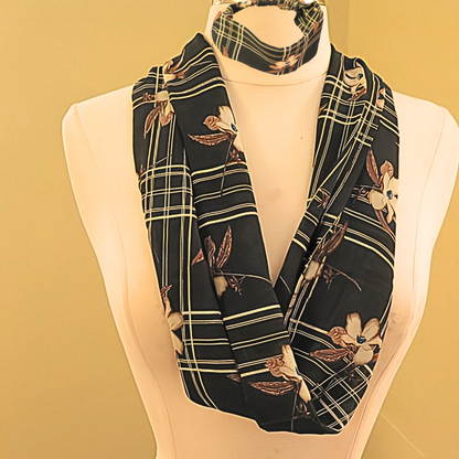 Women's Black Plaid Floral Chiffon Scarf & Headband Set | Elegant Magnolia Print | One Size Fits All Accessory Set