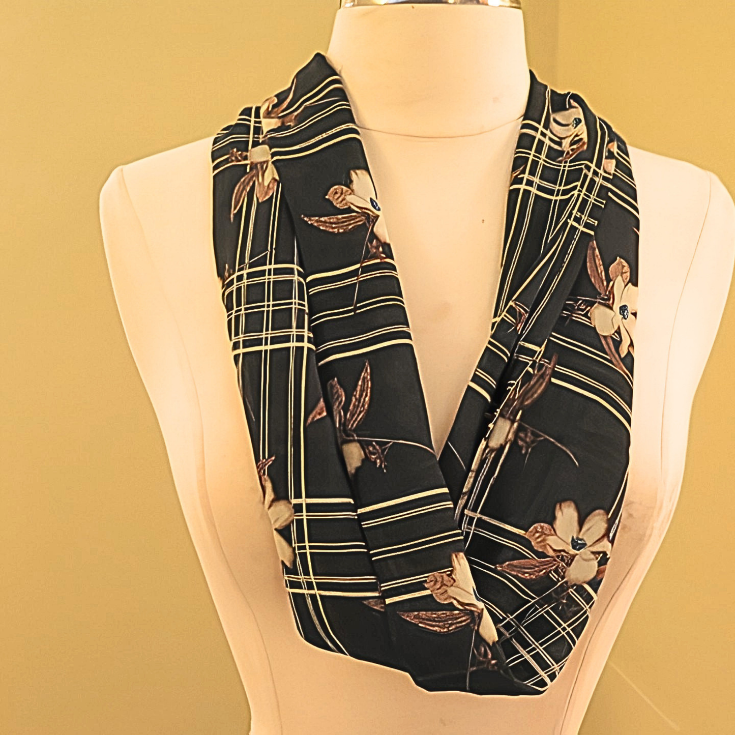 Women's Black Plaid Floral Chiffon Scarf & Headband Set | Elegant Magnolia Print | One Size Fits All Accessory Set