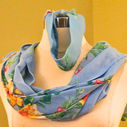 Women's Floral Chiffon Infinity Scarf & Headband Set | Blue Botanical Print | One Size Fits All Accessory Gift Set