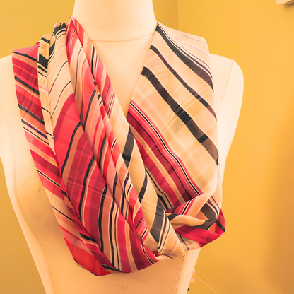 Women's Red Striped Chiffon Scarf & Headband Set | Diagonal Stripe Print | One Size Fits All Fashion Accessory Set