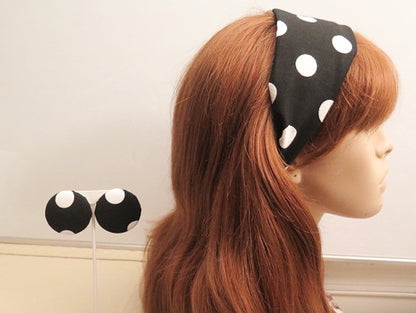 white and black polka dot headband and matching earring